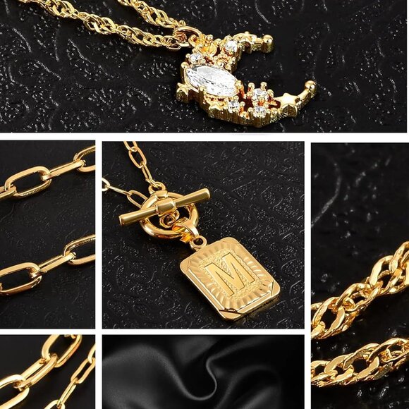 Layered Initial Necklaces Women 14K Gold Plated Brass Moon Square Pendants - Picture 7 of 9